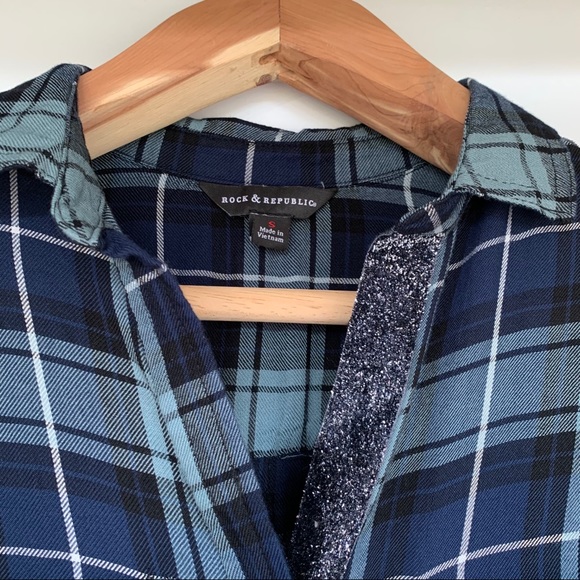 Rock & Republic Sparkle Plaid Buttondown Top-Small - Picture 3 of 10